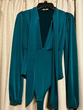 Teal Long-Sleeve V-Neck Tie-Front Bodysuit